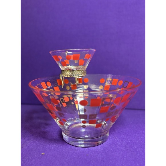 MCM Vtg Anchor Hocking 2 Tier Chip and Dip Bowl Set Geometric Red Gold - Picture 7 of 8